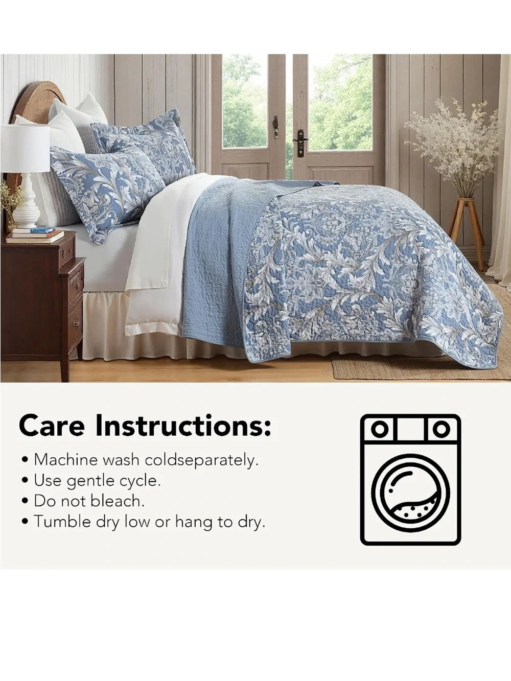 100% Cotton Blue Floral King Quilt Set Luxury Damask 106x98 3 Pcs Reversible